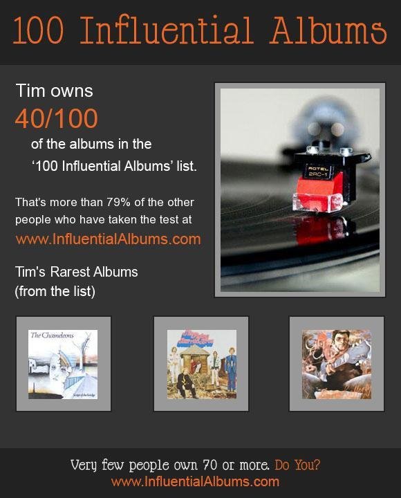 I took the influential albums quiz. I own 40 out of 100 albums on the list.
Very few people own 70 or more.
How many have you got? www.InfluentialAlbums.com