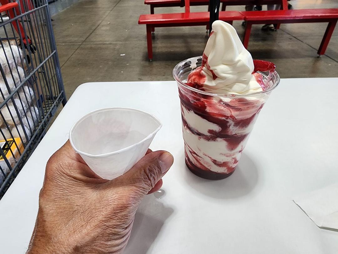 New water cups at Costco. Save on plastic cups and/or buy a soda cup for $.69. No longer using self standing water cups.