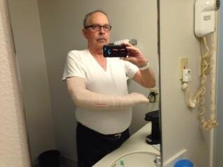 Howard has been is in Armadillo on business. While helping set up a trade shoe he tripped over a rug and broke his arm just at his elbow on his left arm. He has one of those lovely 90 degree hard wraps for now and will b