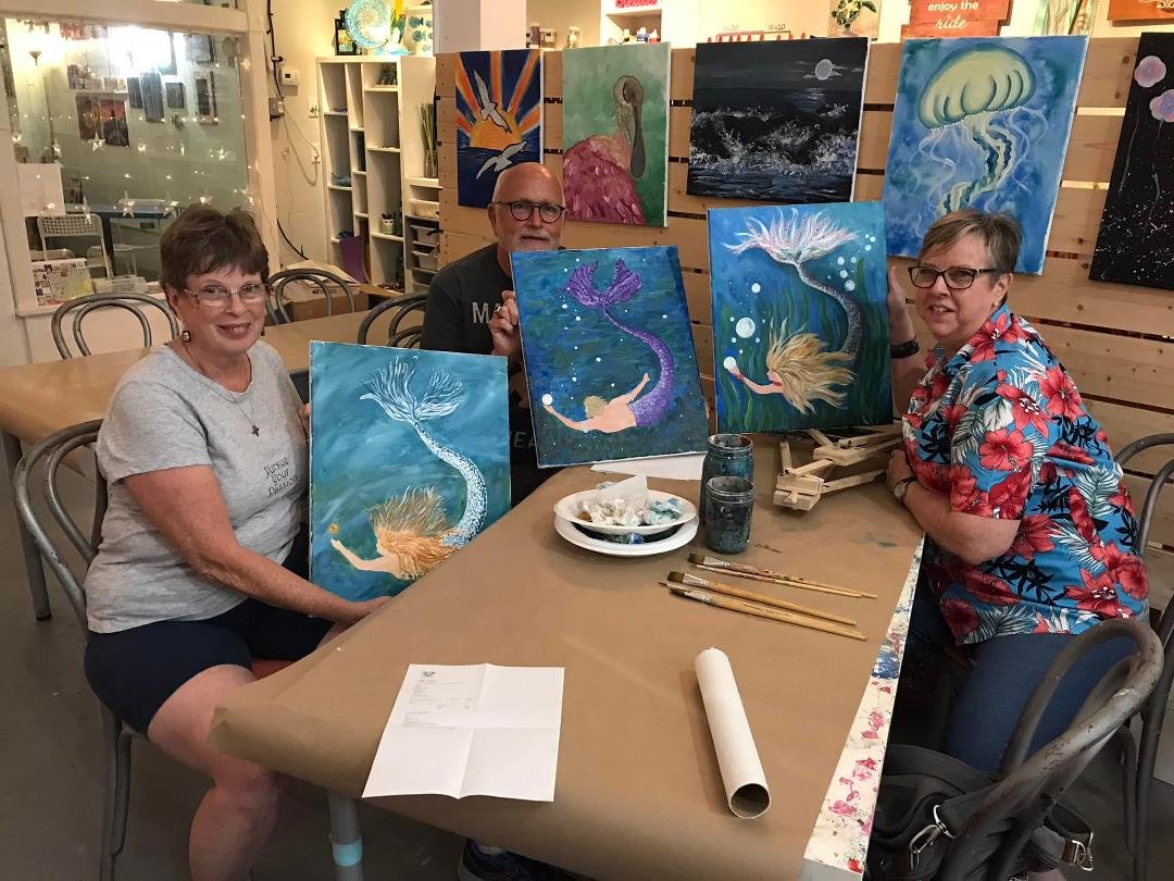 We celebrated Bonnie Stark ‘s birthday with Deb Tisch at Clay Pot Studios. Our assignment was to paint a Merperson.