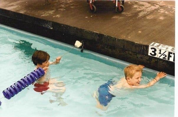 This was a the swim meet. Chris is with me. He's blind . I don't remember if this was first one. Swimming is my forgotten skill.