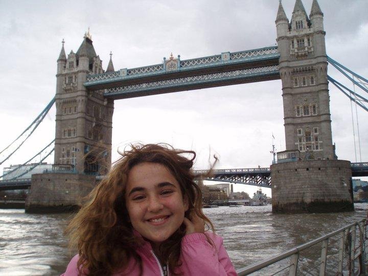 Amy cruising down the Thames and past the Tower Bridge in London during spring break 2006