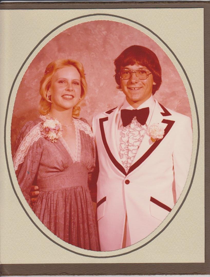 well you started it cindy
here is the photo to prove I was awake for the picture Cindy Pope Dietrich and I at the 1977 Medford Oregon senior high prom