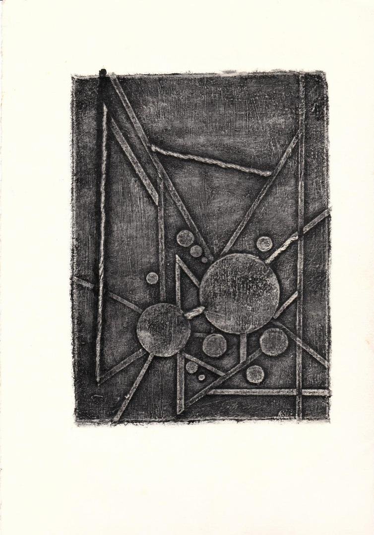 Press 01 - Inked plate pressed on to water color paper. 1973