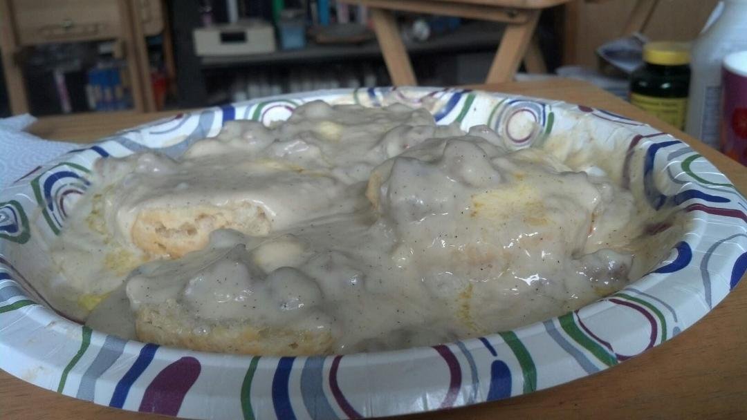 YUMMY HOMEMADE BISCUITS AND GRAVY THAT MY BABY MADE FOR BREAKFAST!!!