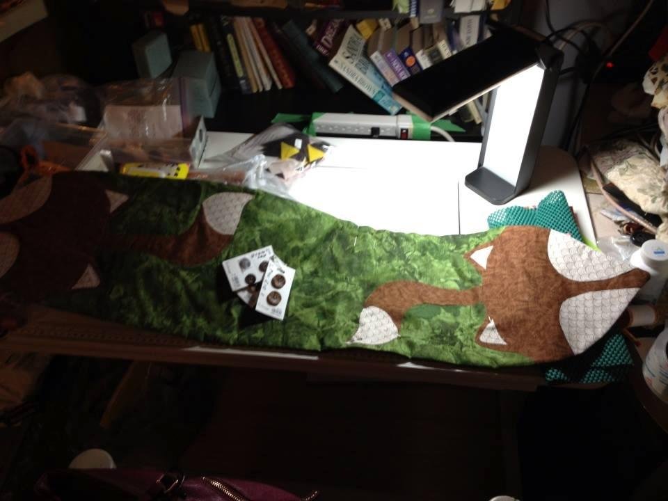 About 3/4 finished "What does the Fox Say" table runner from todays class at the Cloth Castle. Fun and many thanks to our teacher Natasha & my fun class mates Nicki & Geri. Got a nice drop in visit from Sylvia who looks And