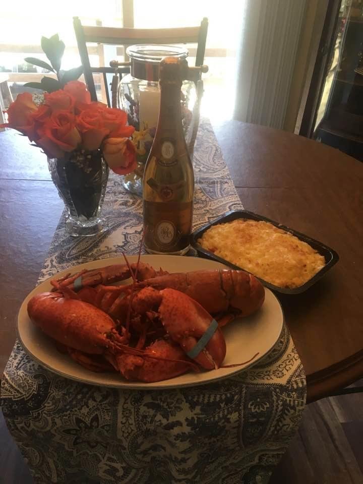 Lunch for Ma D on her birthday. Steamed Lobsters, lobster mac n cheese and crystal champagne