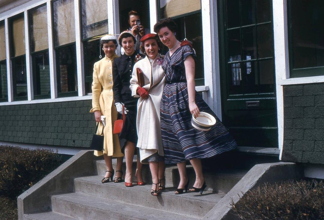 Mom, Aunt Rosemary Conant, Aunt Joan and Ann McCaffrey. Uncle Walt, photobombing. Easter, 1955, Madison Ave, Pittsfield.