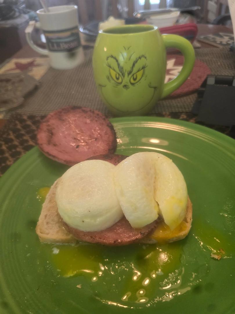 Morning Y'all. #EastElmtowne,, Breakfast. Fresh Upper Black Eddy Coffee, fresh sourdough bread with eggs and Fekkin "PORK ROLL! Had a beautiful walk with MaryLou & Cooper. Gorgeous "Monday" morning (? Thanks for proof re