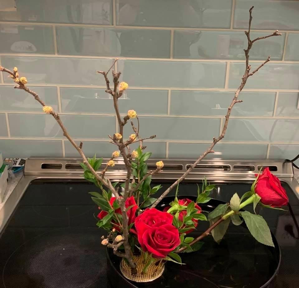 My first attempt at Ikebana flower arranging. created in class, disassembled and reassembled at home. Far from perfect. I can see the mistakes from the picture.