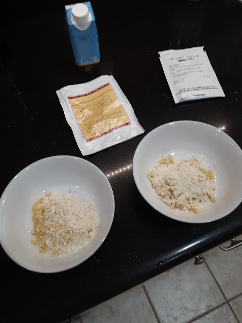 They said it couldn't be done! But here, in process, is my carefully prepared luncheon for Robin and me, mmm mmm good! Diet Creamy Chicken pasta dish, BEFORE I add the 5 oz of water, stir like crazy and nuke it. And I