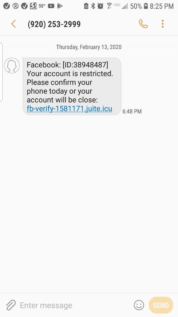 Has anyone ever received a text message from FB regarding verifying your account???