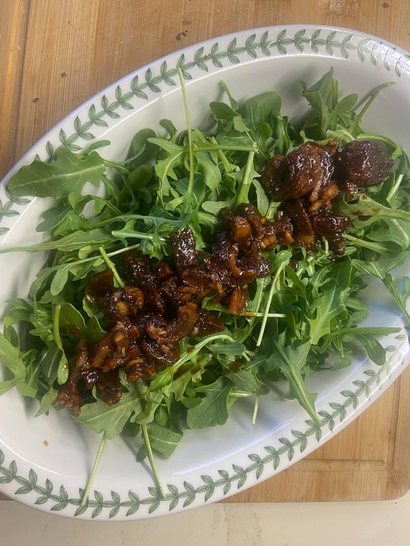 An old favorite from Cooking Light. Arugula salad with a fig balsamic dressing. Did not add the shaved Parmesan today (being good).