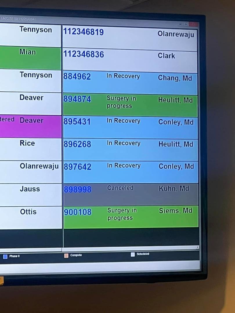 Well I just got another text from the OR. Surgery has just begun. N im sitting here in the waiting area watching the board and his number. It’s the fourth one down in the green. Can’t wait till this is over n I can go see h