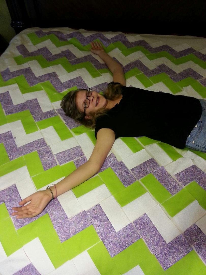 Colby Schmidt & I have finished almost all the squares for quilt & have layed them out in zig-zag pattern. Ready to sew rows tomorrow. It's a real brain teaser!