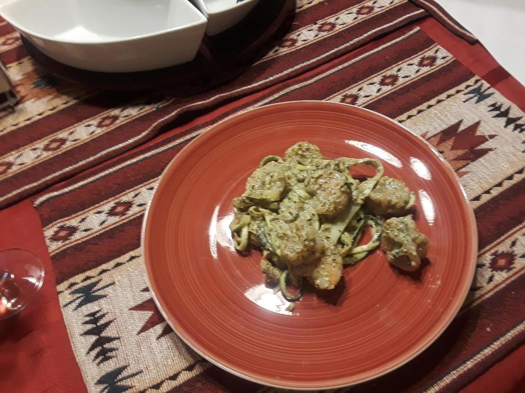 Shrimp with pistachio pesto on veggie spirals!