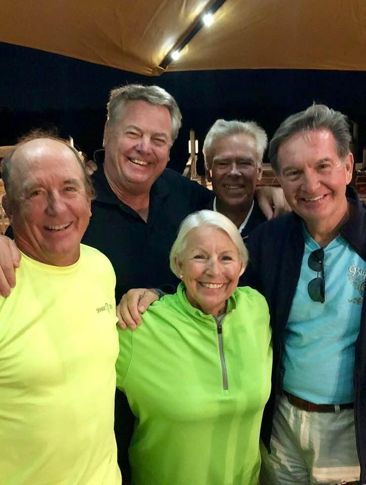 DHS ‘69 gathering. Left to right: Jon Goyert, Jim Bakken, Den McCosky, Randy Koelb, Jane Thomas. In honor of Katy Koelb.