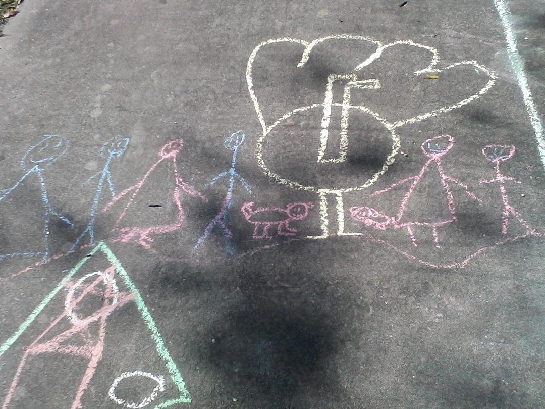 the CHAULK picture made by the grandchildren:  our house...Pam, travis, Grandpa, Grandma, 2 dogs, and all the cats  :-)  WE ARE BLESSED.