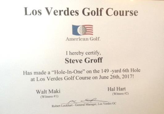 Long-time good friend Steve Groff joined our golf five-some (Walt Maki, Scott Ninegar, Don Bell, me) at Los Verdes this morning for his first round in about 5 years. The image shows how he celebrated his return to the game.