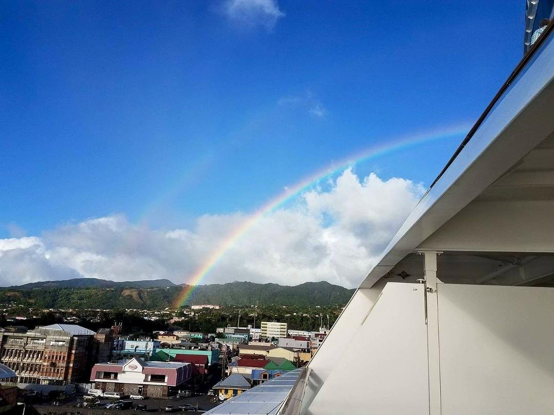 Left Barbados and we're  headed to Martinique. Last stop St. Kitts Thursday.  Then 3 days at sea and home  Thanks for the double rainbow as we left Dominica Bob and Jayne.  Bob is just learning so his wasn't as bright.