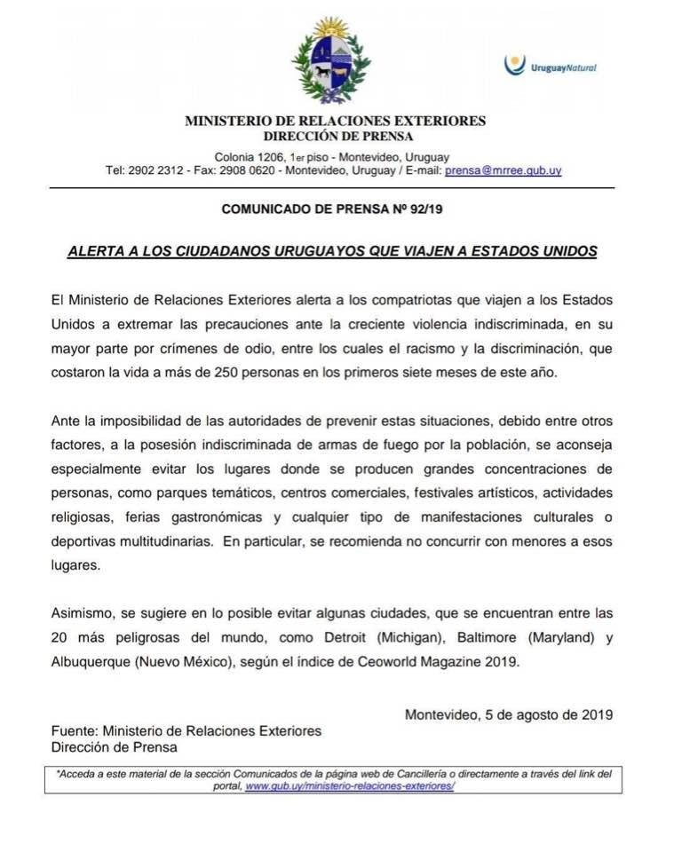 Uruguay warning its citizens about the dangers of traveling to and within the United States, because of all the indiscriminate gun violence.