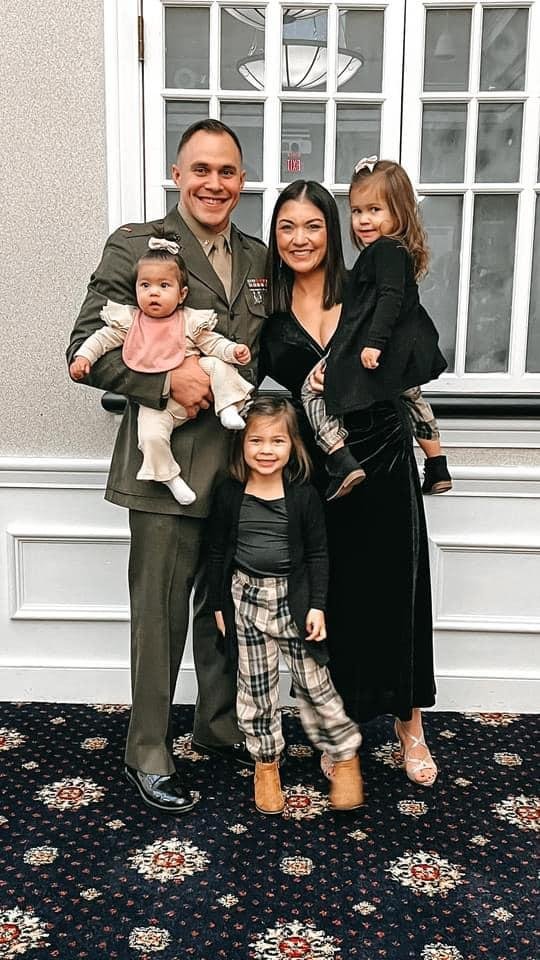 Proud of this young man! My son n law, Aaron Kalani Bridgett and his family (my daughter Natalie, grands Ellie, JoJo, and Vivian) at the pinning ceremony for Aarons new journey as a Warrant Officer of Marines!