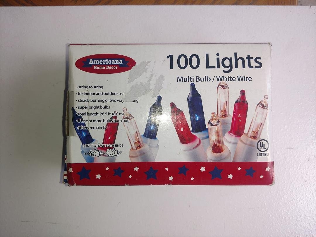 Red, white, and blue string to string lights. 100 lights. Indoor/outdoor. Total length 26.5ft. 4 available. $5 each or 4 for $15.