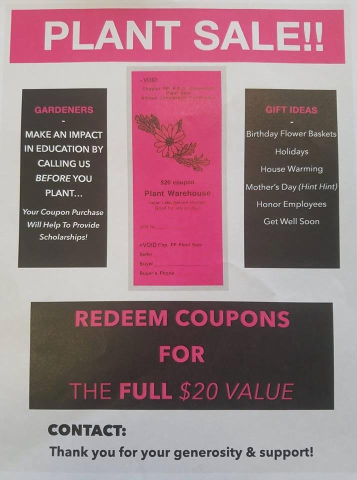 My local P.E.O. chapter is currently selling coupons for The Plant Warehouse in Roseburg. They are $20 and redeemable for the FULL $20 value! By purchasing a coupon before you shop, a portion of the money will go directly t