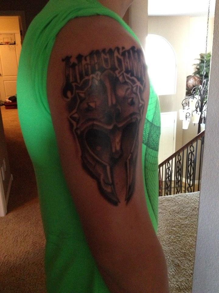 Aubrey's new tattoo. Spartan helmet with warrior written on top. Awesome tattoo