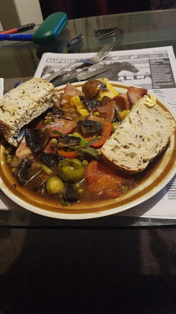 Tea tonight, mushrooms ,bacon,vegies topped with brown onion gravy