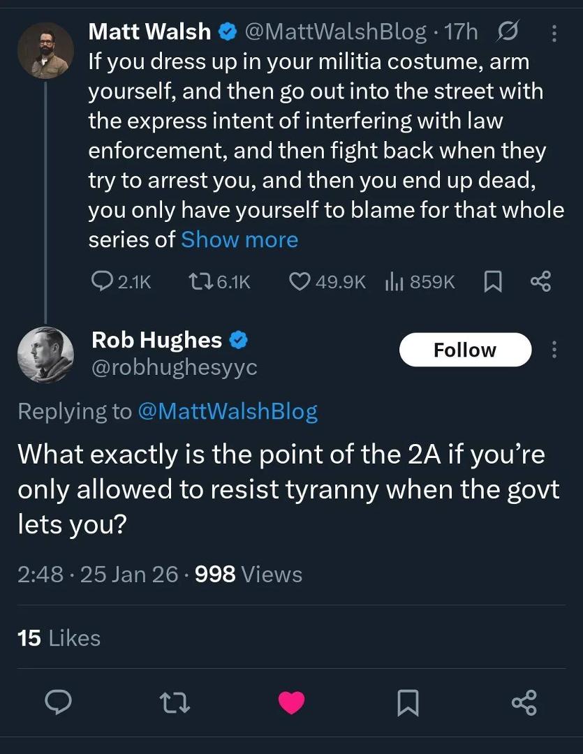 Exactly.
The point of the 2A wasn't self-defense from civilians, it wasn't so you could go hunting, it wasn't so you could have 3-Gun tournaments, it wasn't so you could intimidate civilian protestors.
"A well regulated