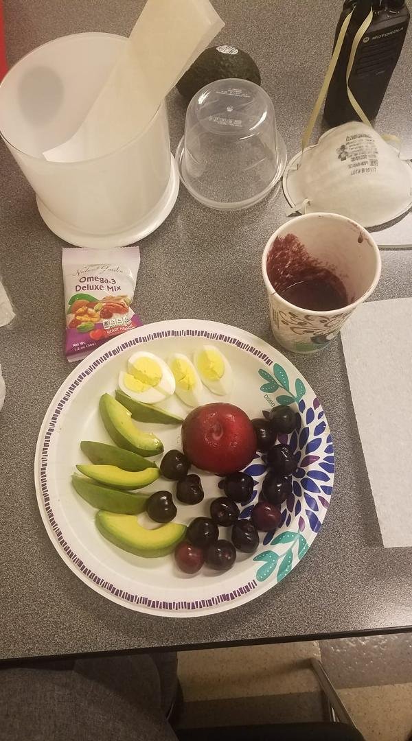 Good afternoon to my family and fb friends . I'm at work and taking a break . Check out this snack , omega 3's with protein and 1 cup of blueberry smoothie . Nutrition , it's good to take your lunch and snack to work