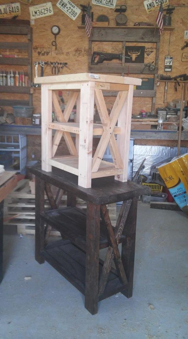 I have a customer that already has the dark shelf unit. She wanted two end tables to match. This is the first one. I have to stain it yet, but I think I matched it pretty close.