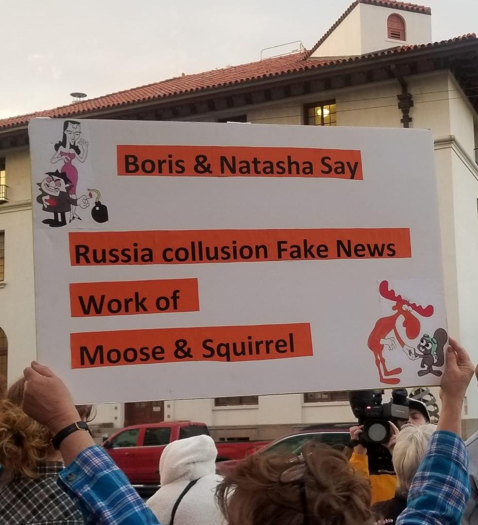 Getting ready for a demonstration to protect Mueller earlier, I do love this sign. I guess only my generation grew up with Rocky & Bullwinkle...
