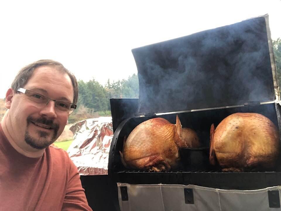 3 hours 20 min in smoker! Making progress! Macy’s Thanksgiving Day parade streaming in the kitchen as we cook. Lots of txt’s to friends and family.