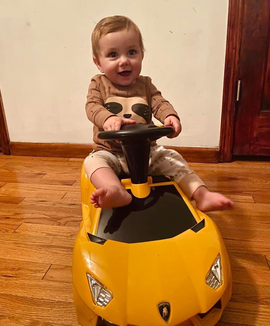 Lamborghini Mercy 🤣 thanks Jon and Amy! He’s obsessed already !!!