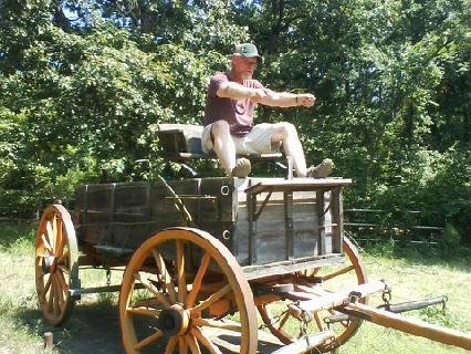 Hum, wonder where he thinks he's going? Guess he can see those horses pulling him.
