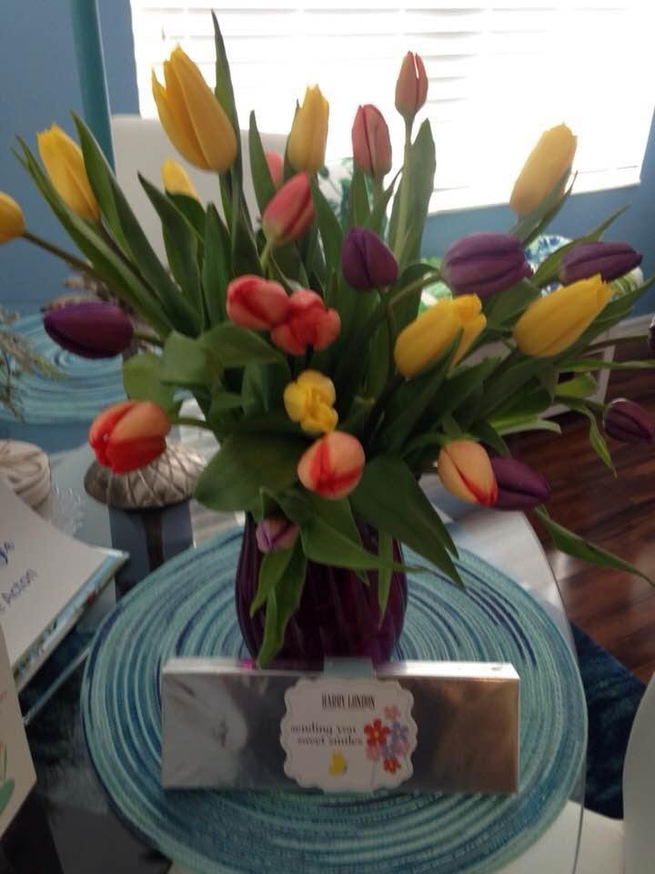 Got home from a luncheon at the club for the Garden Club and found this box of flowers with vase and a box of candy for Mother's Day! So I arranged them in the vase and I hope they open up soon! Happy Mother's Day!