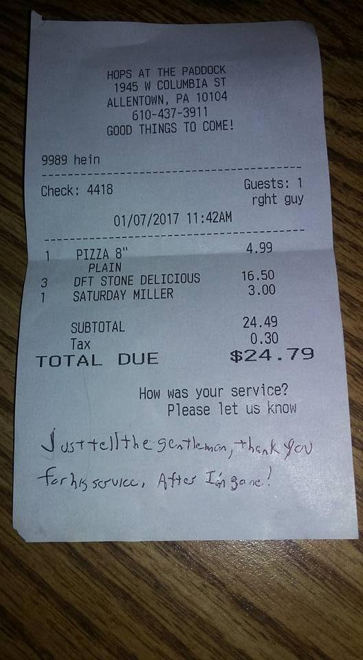 At the paddock yesterday for lunch and had my uss south Carolina (cgn-37) hat on and ask for my bill and this is what I got. Thank you for who did this.