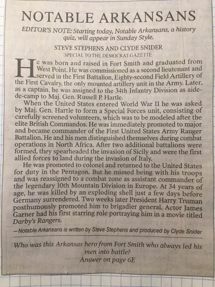 Steve Stephens and I have a column in the Arkansas Democrat Gazette most Sundays in the Style section, usually on page 3. It’s called Notable Arkansans. It consists of biographies without giving away the name of the person