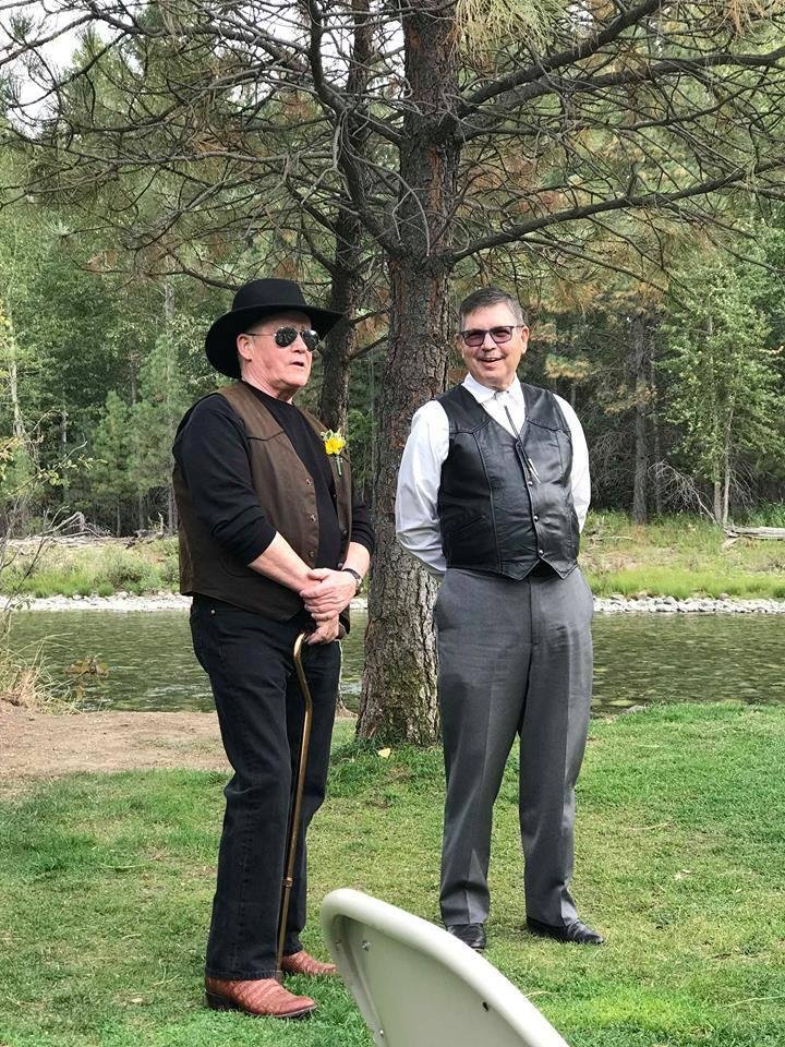 Charlie and I contemplating Sharon Marjorie's wedding.....Texas style.