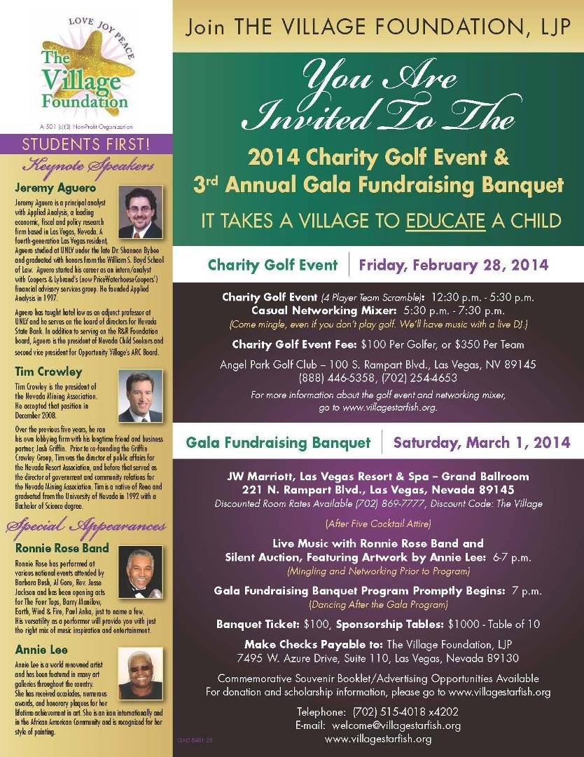 Please contact me if you are interested in purchasing tickets for the Village Foundation's 3rd Annual Gala and Fundraising Banquet on March 1st, or are interested in the Golf Charity event on Feb 28th. Proceeds benefit the