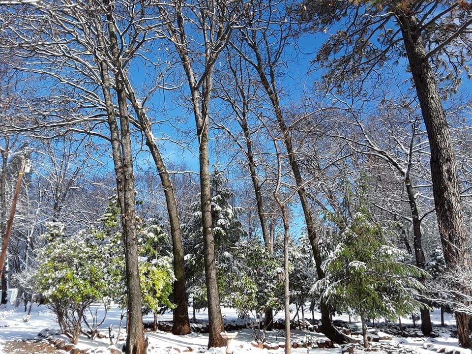 Sun and snow hides the devastation and scorched neighborhood