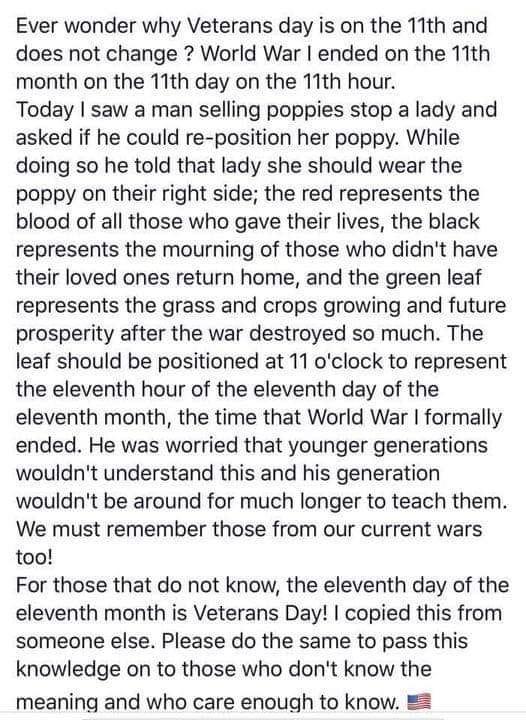 Poppies have always represented our veterans & thanks 2 my grandparents influence I became a life member of the VFW - originally thru post 1087 in Great Falls MT. I've notice lately the poppies aren't displayed like the 70s
