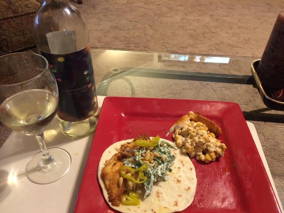 Mediterranean Fish Tacos with Goat Cheese Salsa & Pine Nuts - what an excellent dish paired with the 2012 Cosmopolitan Sauvignon Blanc. Movie time with Janna