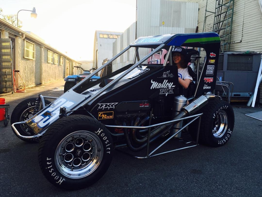 Courtney is test fitting the #25 Rodela Specialty Fabrication/ Trench Shoring midget for the first time after completion. Heading for Placerville.
