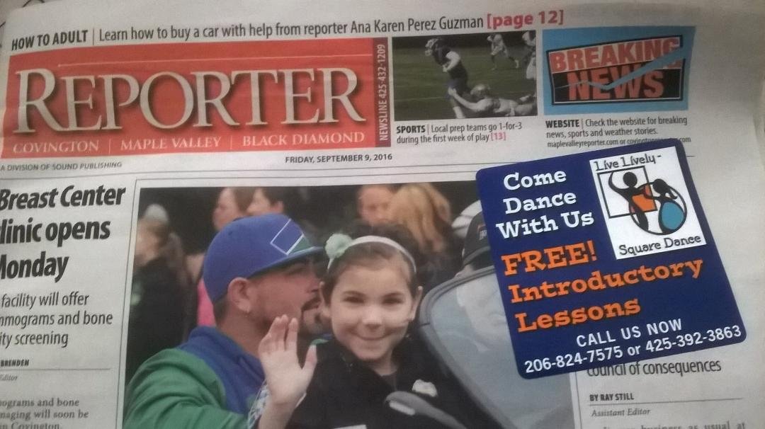 Square Dance Lessons starting soon in the Seattle area. This sticker was on our local paper, and Kappie and I have a beginner class starting on Friday nights sponsored by the Cedar Grange (October 7th at 7:30 PM). Info: 2