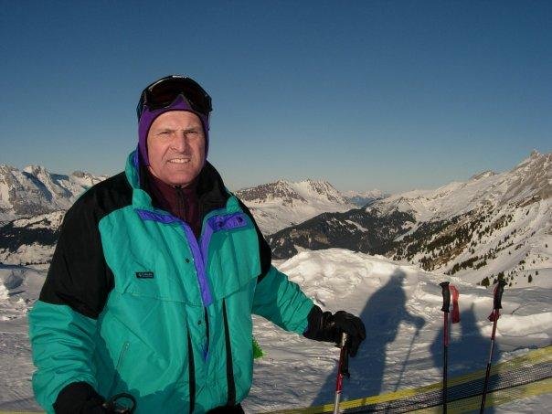 Ted with an evening view of the Alps at la Clusaz