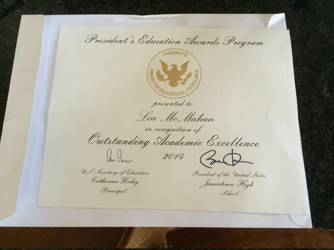Lea's Presidential Award :~) We are proud of your accomplishments!