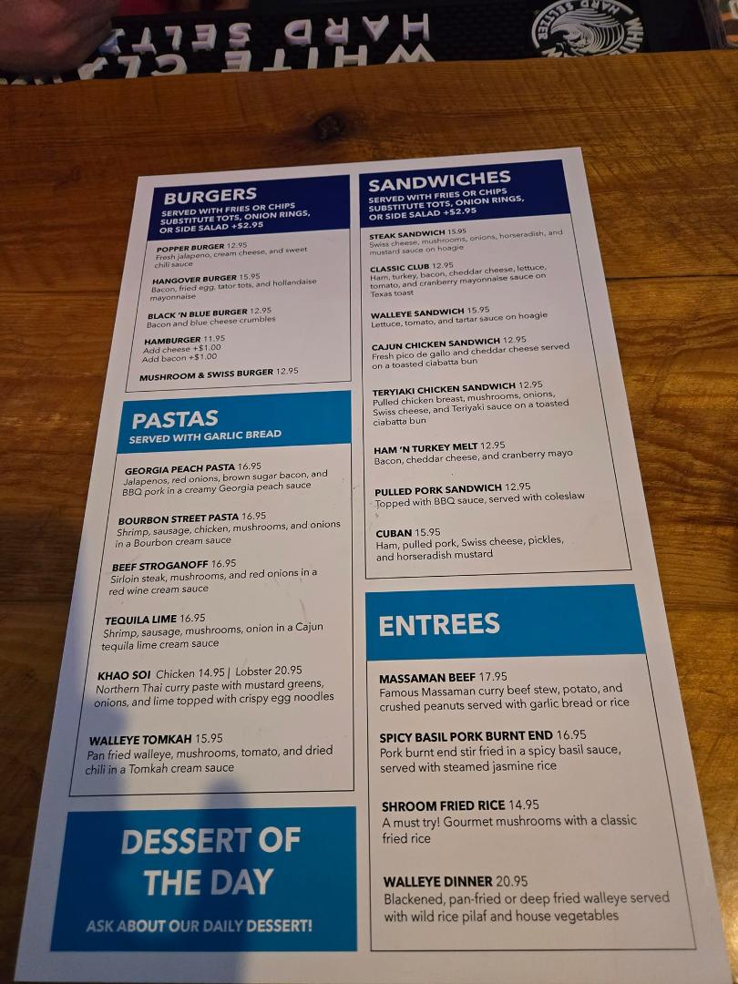 Blue Oysters new menu.